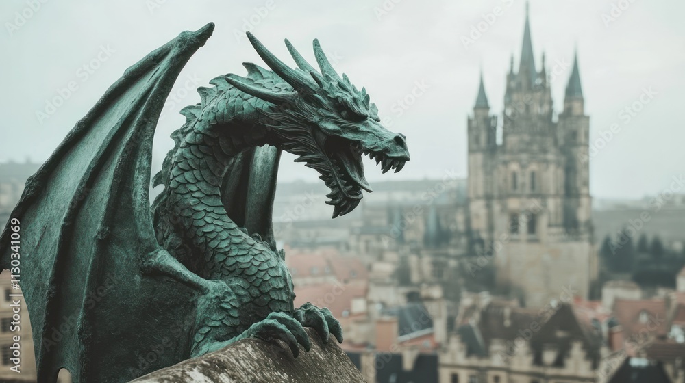 Fototapeta premium A dragon statue overlooks a misty cityscape with a gothic cathedral in the background.
