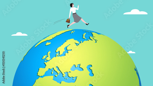 effort to achieve success or business growth, leadership or business founder, ambition or determination to grow and reaching goal Businesswoman running around the world to get achievement concept