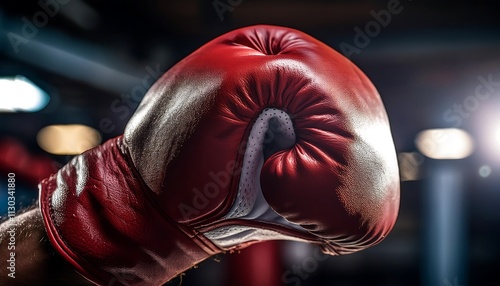Close-up of a red boxing glove in action.