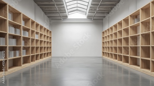 Modern minimalistic interior of a spacious library with empty wooden shelves and bright natural light