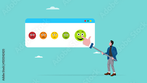 user emoticon experience, angry or smile face review, customer satisfaction survey, service quality feedback, man choose a smile face icon rating for the experience of purchasing a product or service