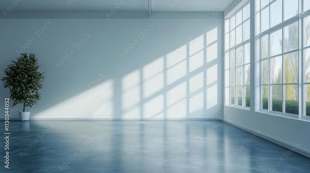 Obraz premium Bright Modern Interior with Large Windows, Natural Light, and Green Plant in Minimalist Space