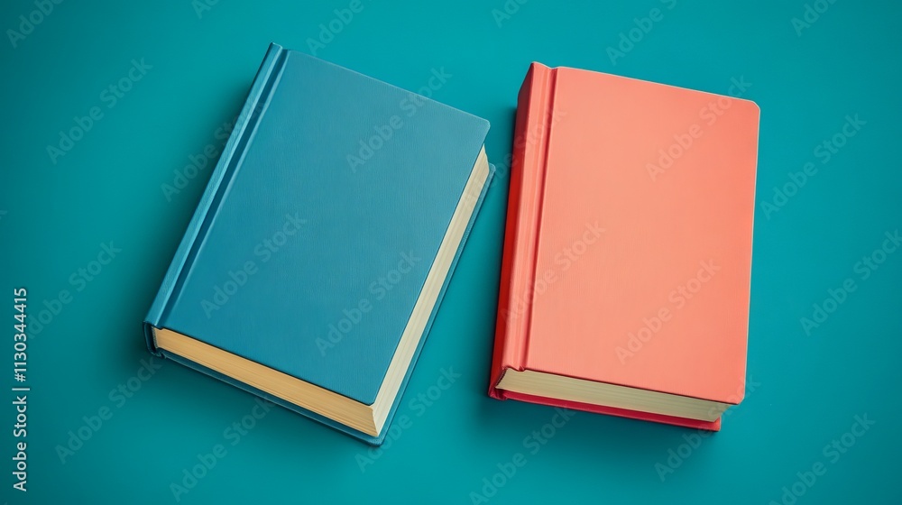 Fototapeta premium modern literary duet, salmon and royal blue hardcover books, crisp ivory pages, teal studio background, soft gradient lighting, contemporary editorial style