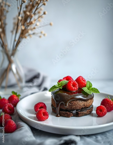 A plate of chocolate cake with raspberries and a table of chocolate chips and raspberries