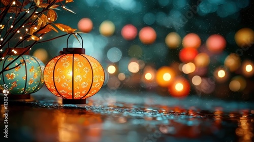 The stock photo features a mesmerizing background of colorful lanterns and decorations, creating a beautiful bokeh texture from the street colored lights. photo