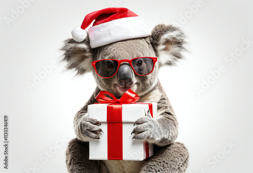 Cool Koala Bear Wearing Sunglasses and Santa Hat bringing Gift Box, Isolated on White Background. Cool Koala at holidays. photo