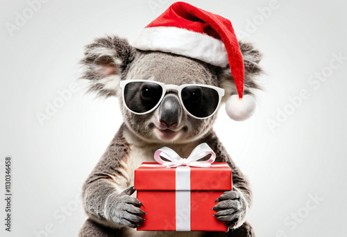 Cool Koala Bear Wearing Sunglasses and Santa Hat bringing Gift Box, Isolated on White Background. Cool Koala at holidays. photo