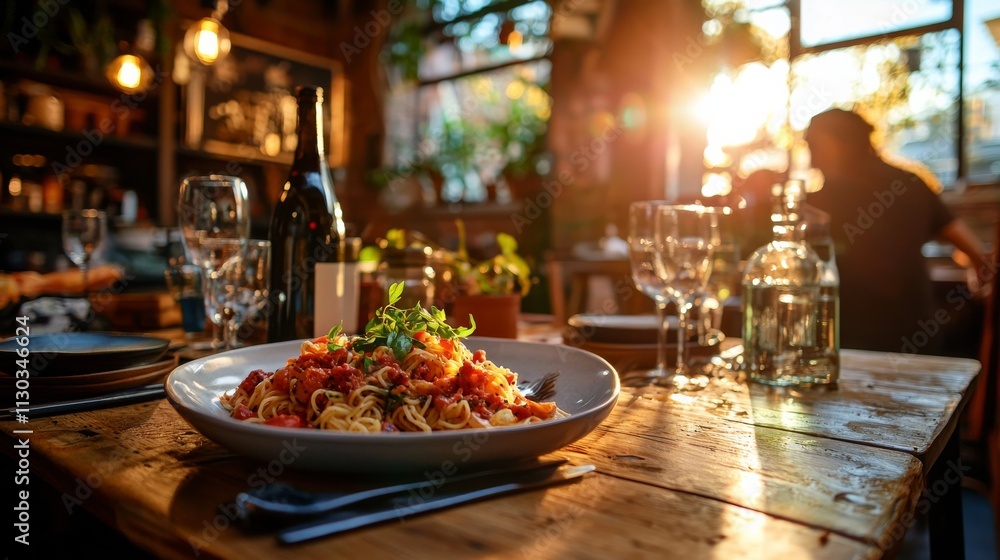 Fototapeta premium Delicious spaghetti with cherry tomatoes, basil, and parmesan in a cozy restaurant setting