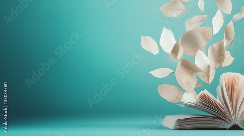 digital library concept, paper pages blooming from computer, teal gradient background, beige book leaves, dramatic side lighting, premium commercial aesthetic photo