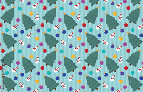 Christmas pattern, with snowman, Christmas tree, Christmas balls, in harmonic colors, background in green tones