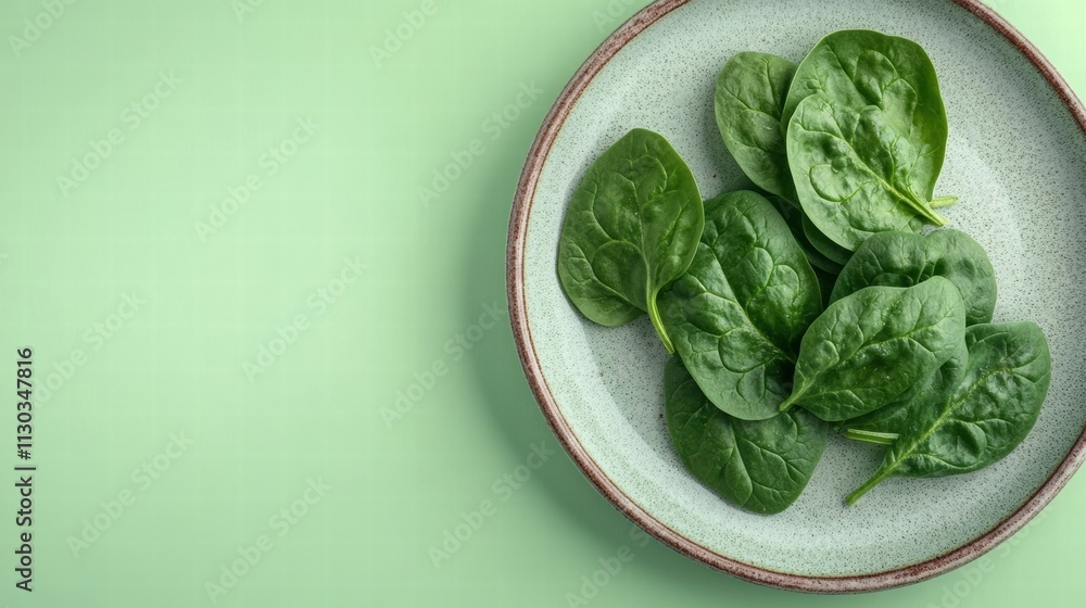 Obraz premium Plate with a raw spinach leaves on a pastel light green background