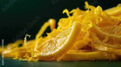 A close-up of lemon zest on a solid dark green background.