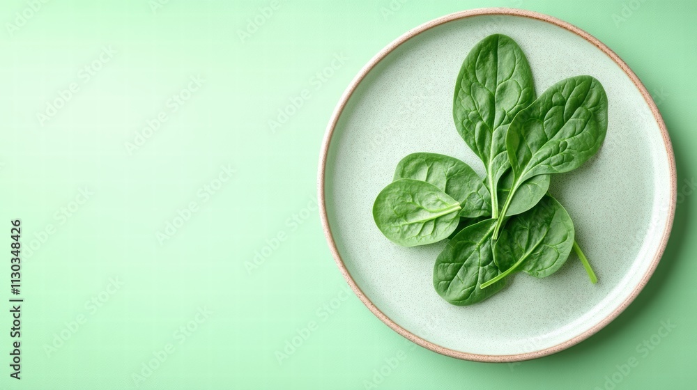 Obraz premium Plate with a raw spinach leaves on a pastel light green background