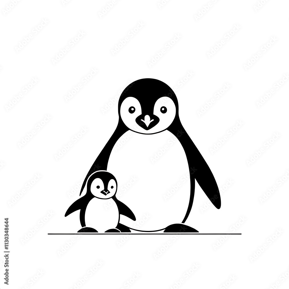Obraz premium Penguin Parents: A simple, elegant illustration of a penguin parent and its chick. The image is perfect for children's books, educational materials, or any project that needs a touch of cuteness.