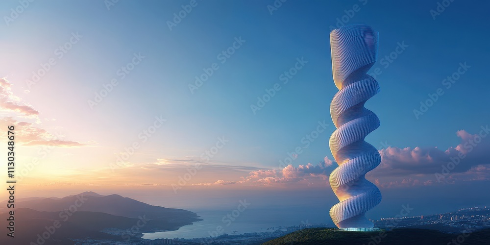 Obraz premium Helix-Shaped Skyscraper Soaring Above a Lively Urban Landscape in a Modern Cityscape
