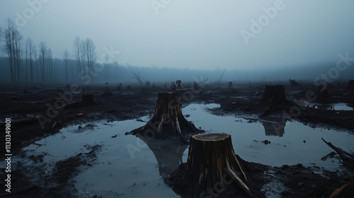 Zamglony pejzaż, gdzie pozostałości wyciętych drzew wyrastają z nasiąkniętej gleby, ukazuje smutny obraz zniszczenia natury. photo