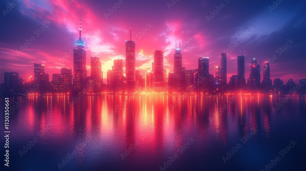 Fototapeta premium Vibrant city skyline reflecting in water at sunset.