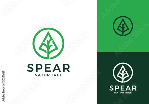 abstract spear head with leaf tree logo. adventure, camping, hunting symbol icon design