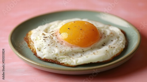 Poached egg on a plate on a pastel salmon background