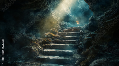 Schody z kamienia pną się w górę przez magiczną jaskinię, skąpaną w tajemnicz...