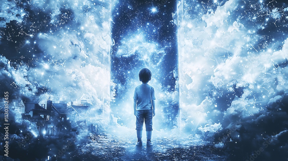 Obraz premium Young boy standing in awe of the mesmerizing cosmic landscape