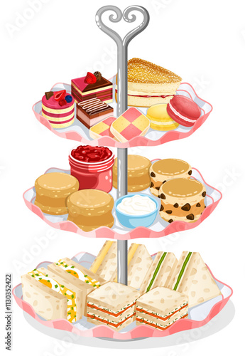 Traditional Afternoon Tea Snacks Tray. First Course Egg Salad, Smoked Salmon, Cucumber and Egg Sandwiches. Second Course Scones. Third Course Macaroons, Battengerg, Victorian Sandwich & Petit Four