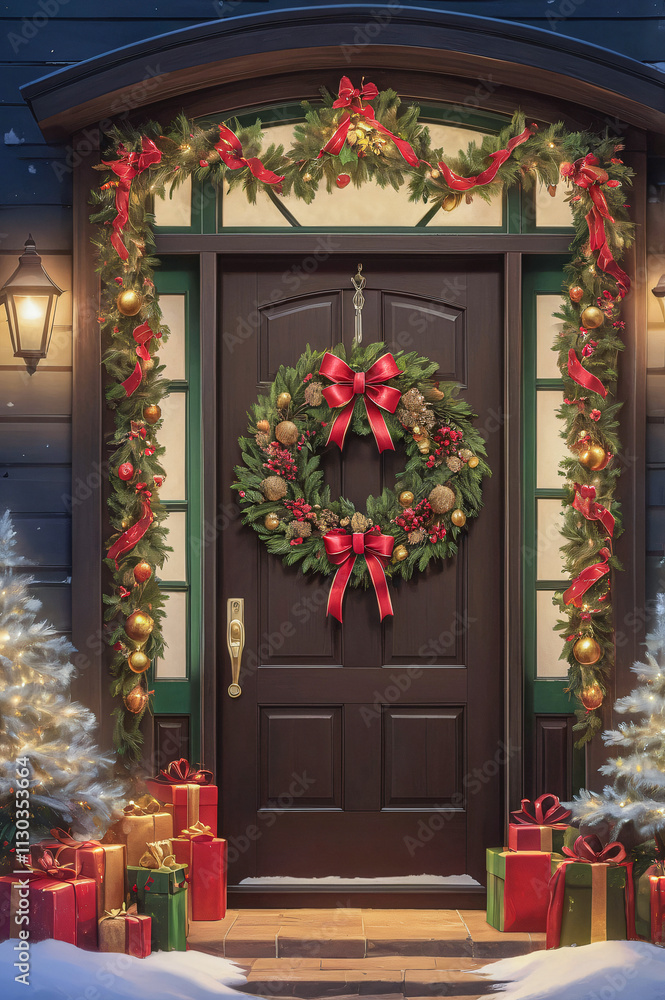 Fototapeta premium A beautifully decorated front door with a vibrant Christmas wreath, garlands, and small trees. Wrapped presents, twinkling lights, and warm festive tones evoke the joy and spirit of Christmas at night
