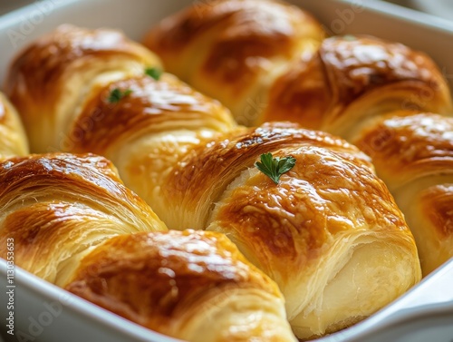 Close-up of a pan with delicious freshly baked bread, with a slightly blurred background