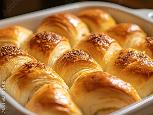 Close-up of a pan with delicious freshly baked bread, with a slightly blurred background