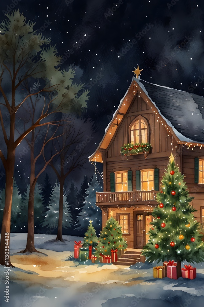 Fototapeta premium Christmas lights display at night in watercolor style