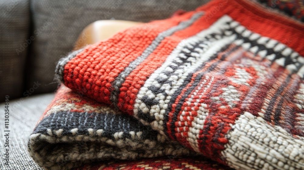 Fototapeta premium Cozy Rustic Blanket with Vibrant Patterns on a Soft Couch