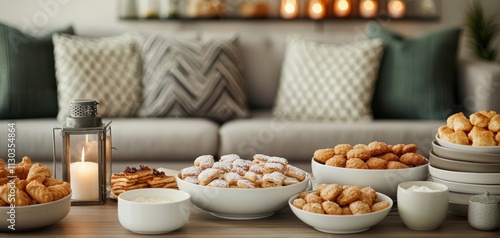 Wallpaper Mural A cozy living room scene featuring an array of delicious snacks displayed in bowls, surrounded by soft furnishings and warm lighting. Torontodigital.ca