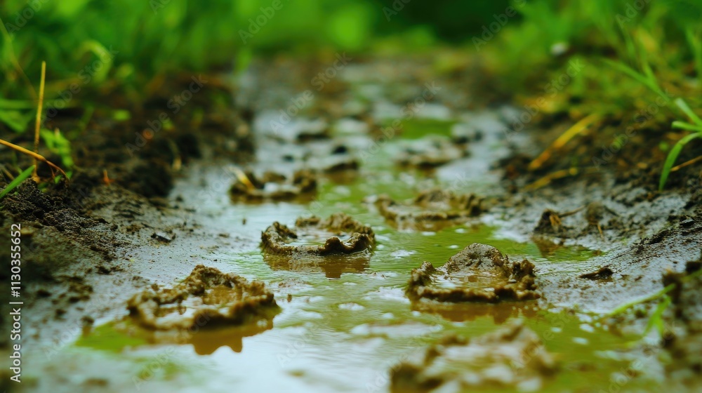 Fototapeta premium Muddy Path with Water Puddles and Animal Tracks in Nature