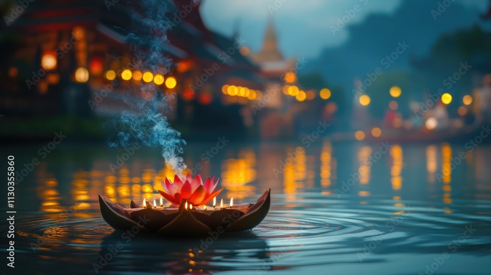 Obraz premium Tranquil Evening with Lotus Candle Float on Calm Water Surface