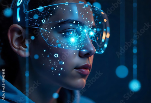 Wallpaper Mural Futuristic profile portrait, augmented reality glasses, glowing blue interface, holographic data points, cybernetic enhancements, dark background, sci-fi aesthetic, high-tech visualization women Torontodigital.ca