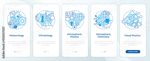 Atmospheric sciences blue onboarding mobile app screen. Forecast walkthrough 5 steps editable graphic instructions with linear concepts. UI, UX, GUI template. Montserrat SemiBold, Regular fonts used