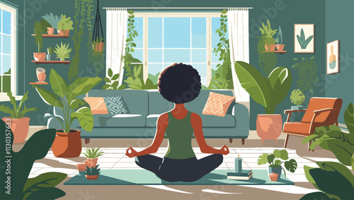 Self-Care and Wellness, a woman doing yoga in a comfortable room filled with plants and an all-green atmosphere 