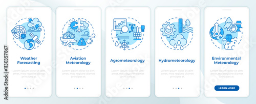 Meteorology application blue onboarding mobile app screen. Science walkthrough 5 steps editable graphic instructions with linear concepts. UI, UX, GUI template. Montserrat SemiBold, Regular fonts used