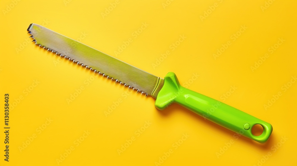 A compact pruning saw with a bright green handle on a solid yellow background.