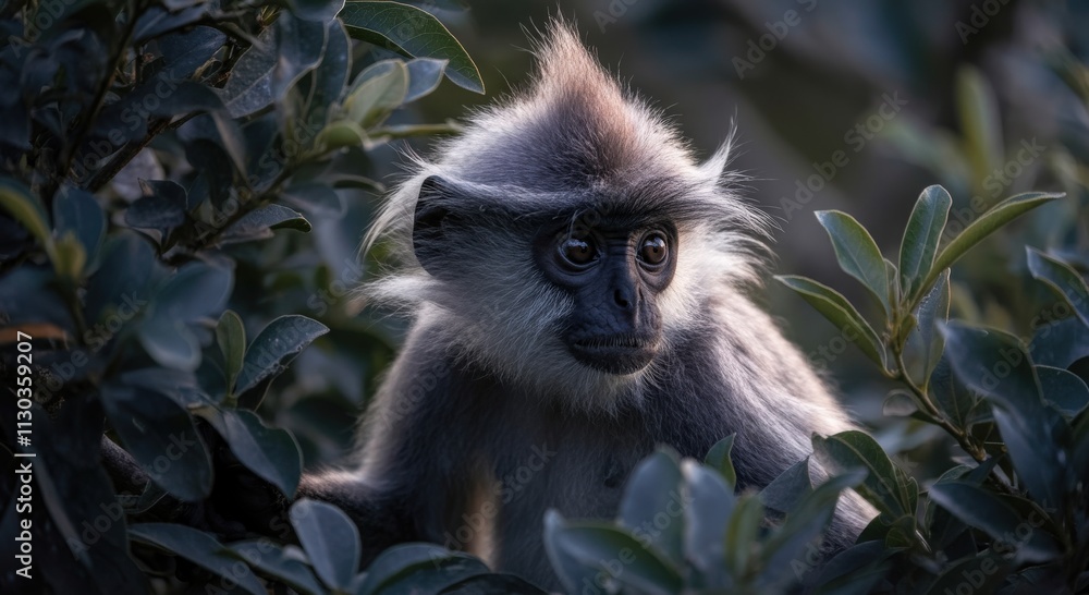 Obraz premium Langur monkey in lush green foliage at dusk, wild nature observation