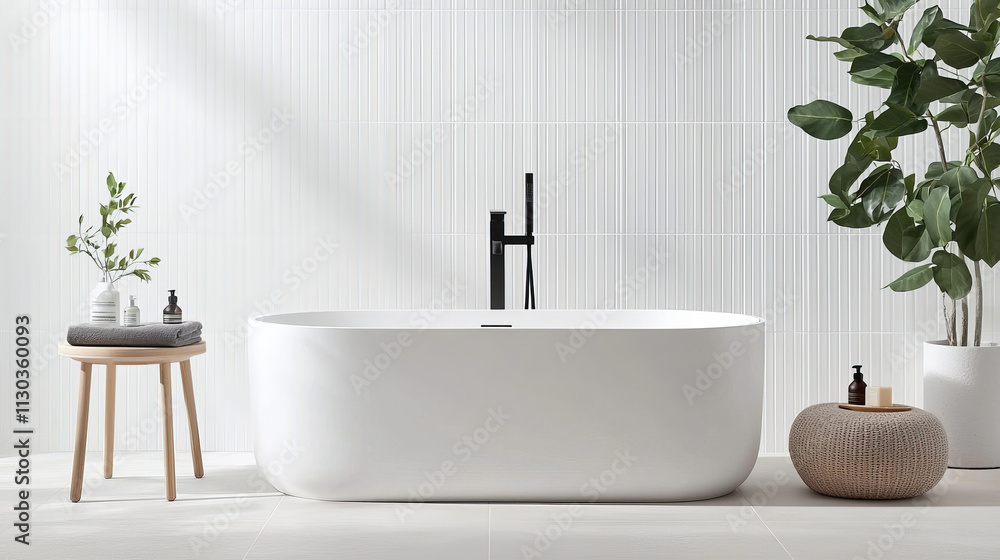 Fototapeta premium Modern bathroom with freestanding tub, plants, and stylish decor