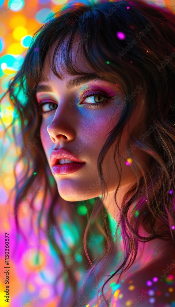 Fototapeta premium Closeup Portrait Beautiful Woman with Makeup in Colorful Lights