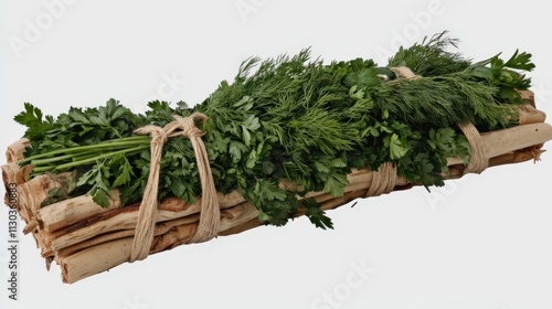 A bundle of mixed dried herbs, including parsley and dill, tied with hemp string for a rustic look photo