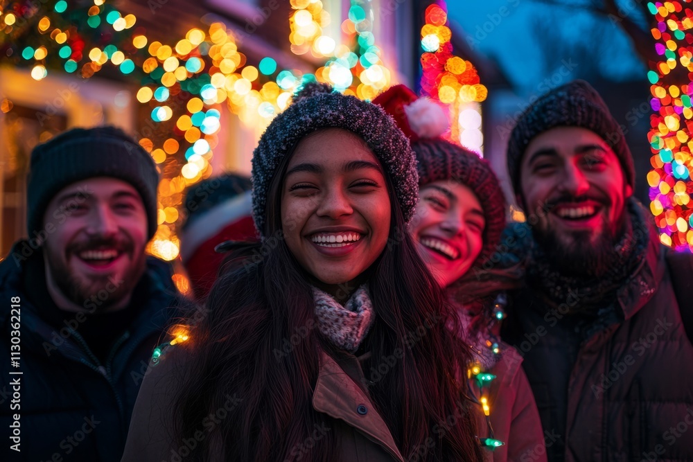 Obraz premium Portrait of a group of friends in front of a house decorated with Christmas lights. They are all laughing and wearing winter coats, Generative AI