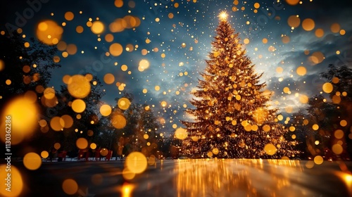 The camera slowly zoomed in on the majestic, towering Christmas tree adorned with a myriad of twinkling lights that seemed to dance and shimmer in the darkness