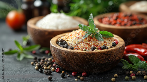 Fototapeta Naklejka Na Ścianę i Meble -  Fresh spices and herbs in wooden bowls arranged on a rustic kitchen countertop with vibrant colors and textures. Generative AI