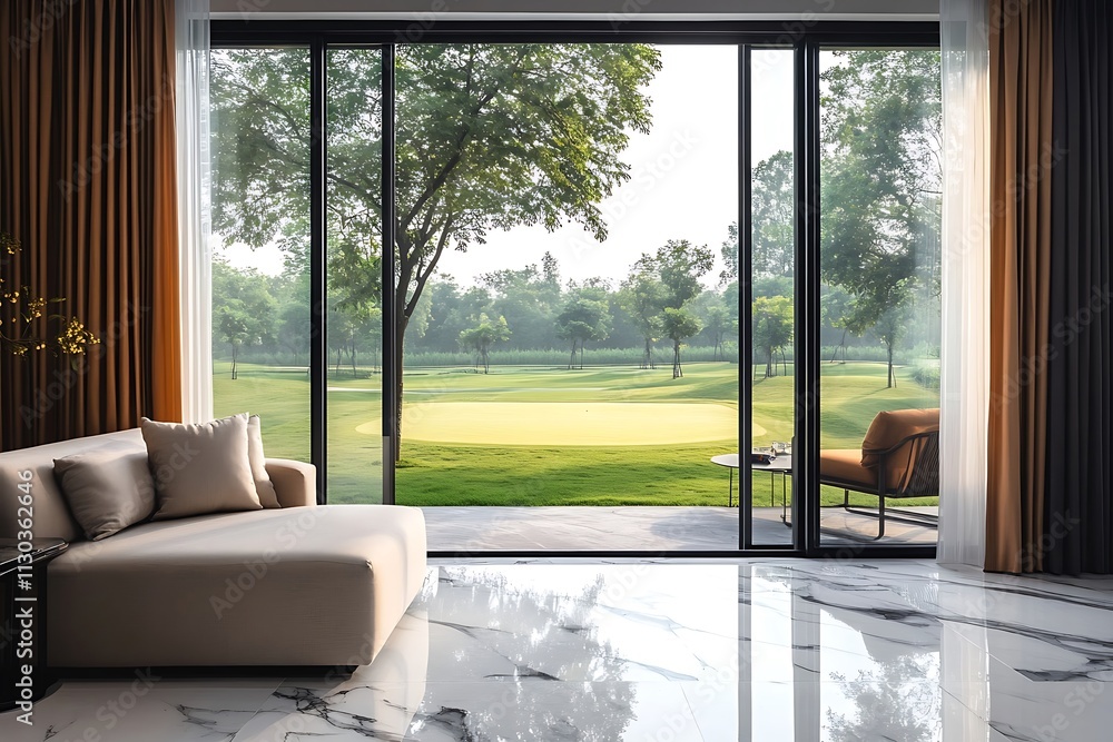Fototapeta premium Modern living room, golf course view, large windows, beige sofa.