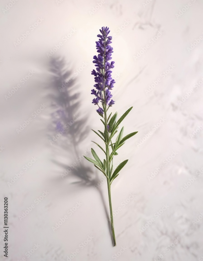 Fototapeta premium A single lavender sprig against a white surface with some scattered light rays on it , spring, isolated