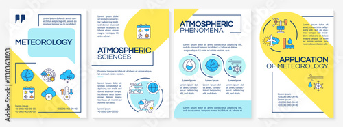 Meteorology blue and yellow brochure template. Atmospheric science and phenomena research. Leaflet design with linear icons. Editable 4 vector layouts. Questrial, Lato-Regular fonts used