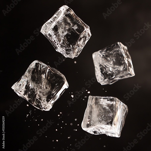 Four ice cubes falling against a black background with water droplets scattered around them.